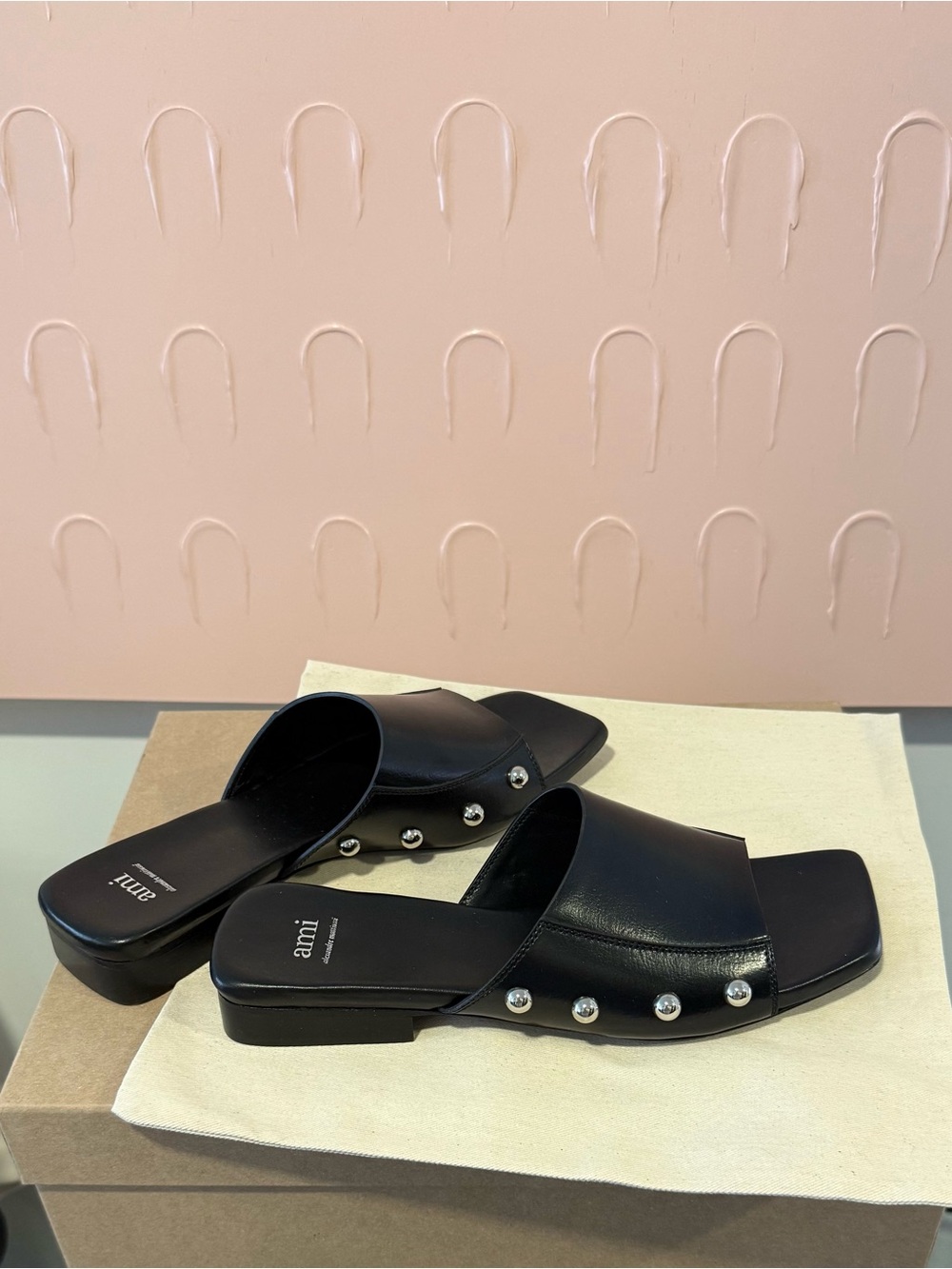 ami Paris Black Leather Studded Slide Sandals